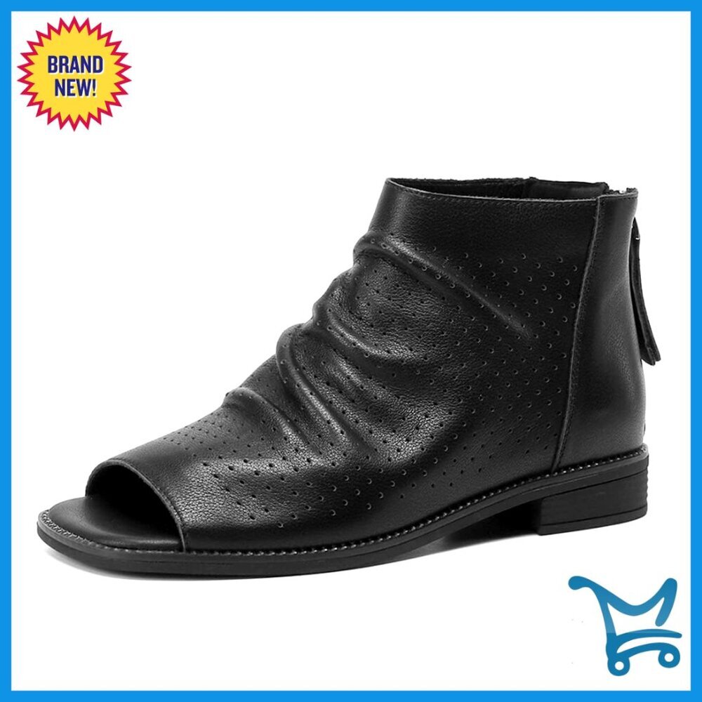 Open Toe Slouchy Ankle Boots Low Block Heel Comfortable Synthetic